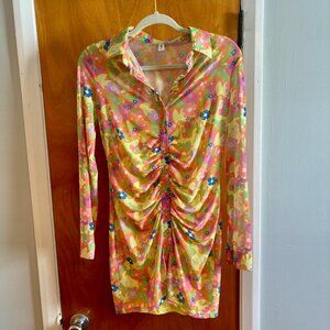 ✨Retro Mesh Ruched Dress w/ Yellow Slip (Never Worn)✨Amor y Besos - Size M